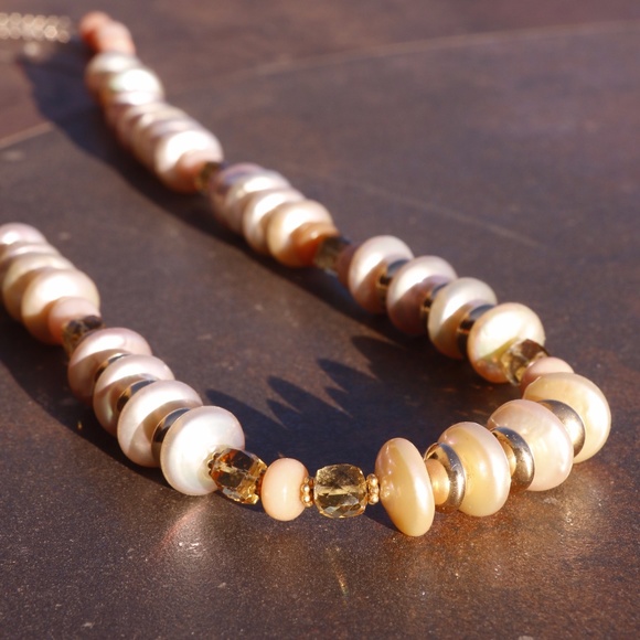 Pink Opal, Citrine, Pearl and Vermeil necklace - Picture 4 of 8